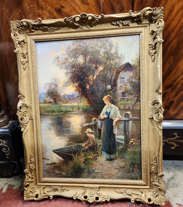 OIL ON CANVAS OF WOMAN WITH CHILD FISHING SIGNED ERNEST WALBOURN (LISTED ARTIST)