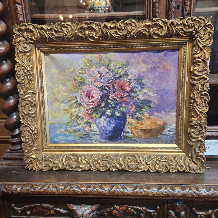 HORIZONTAL GOLD FRAMED IMPASTO FLORAL OIL PAINTING