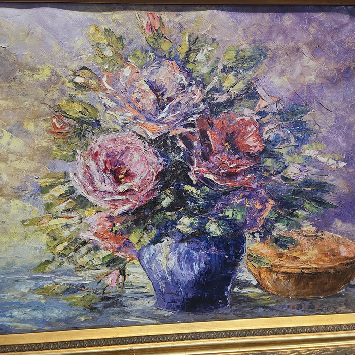 HORIZONTAL GOLD FRAMED IMPASTO FLORAL OIL PAINTING