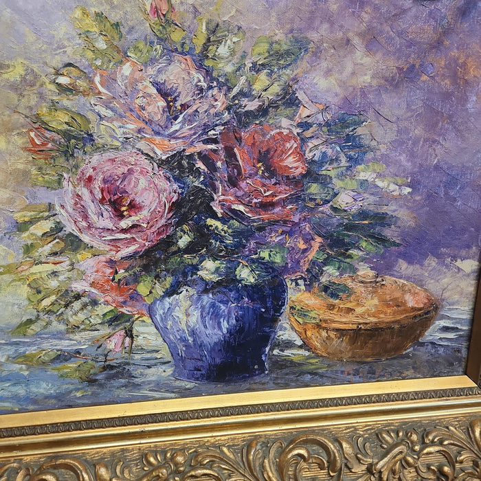 HORIZONTAL GOLD FRAMED IMPASTO FLORAL OIL PAINTING