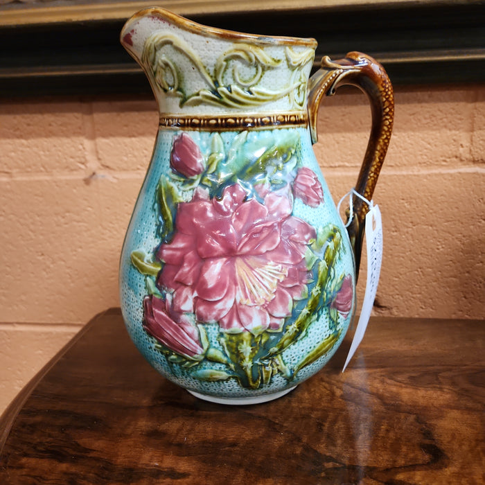 LARGE MAJOLICA PITCHER WITH FLOWERS