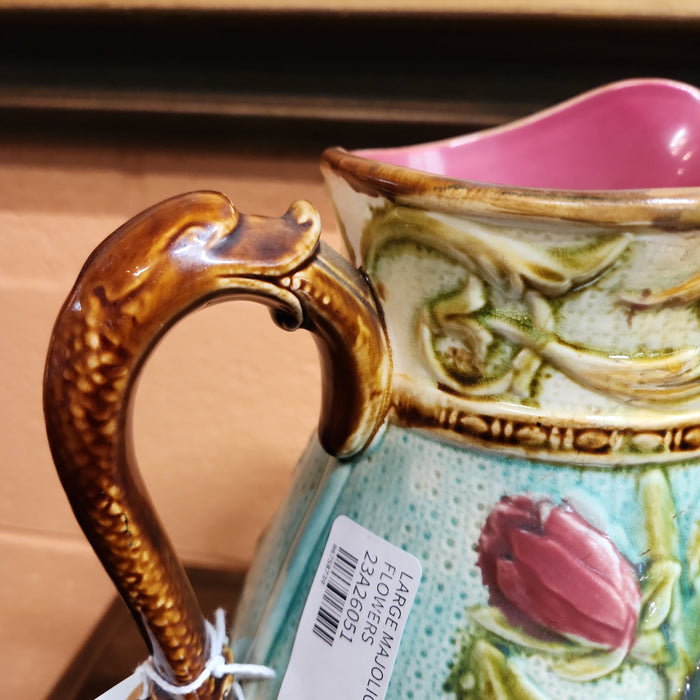 LARGE MAJOLICA PITCHER WITH FLOWERS