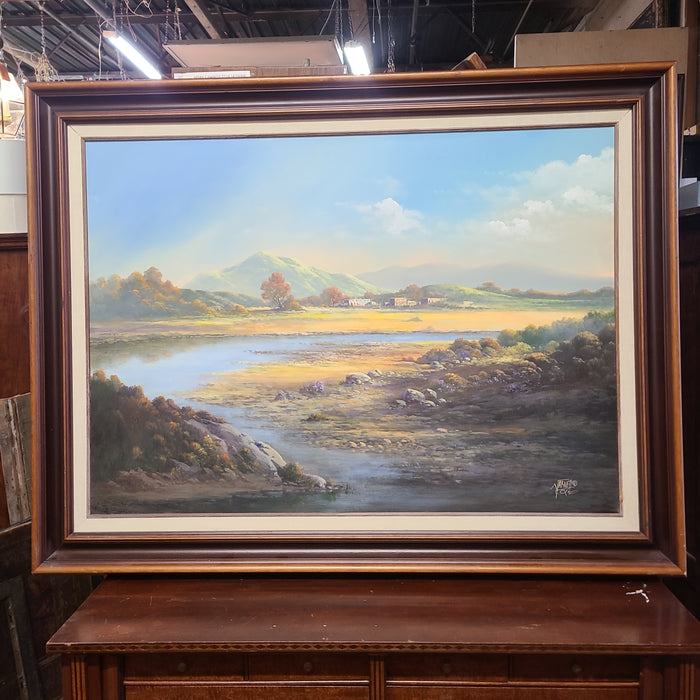 LARGE LANDSCAPE OIL PAINTING WITH MOUNTAINS AND A RIVER BY JERRY ARNELL