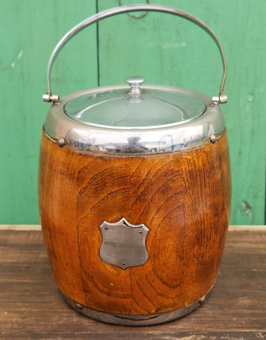 OAK AND CHROME BISCUIT BARREL