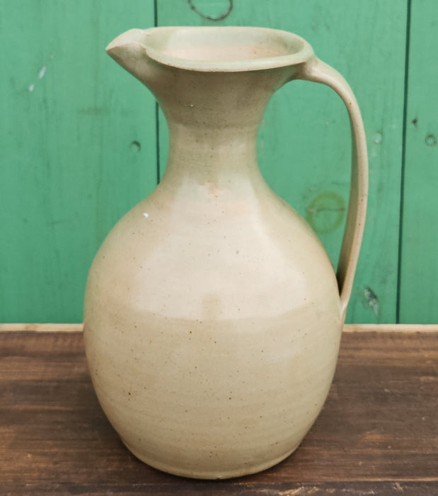 LARGE PALE GREEN GLAZE HAND THROWN POTTERY PITCHER