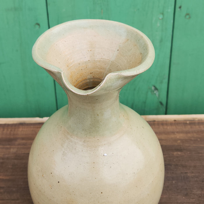 LARGE PALE GREEN GLAZE HAND THROWN POTTERY PITCHER