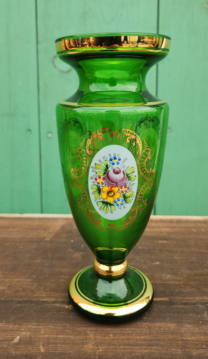 TALL BOHEMIAN GLASS GREEN FLORAL VASE WITH ENAMELED FLOWERS