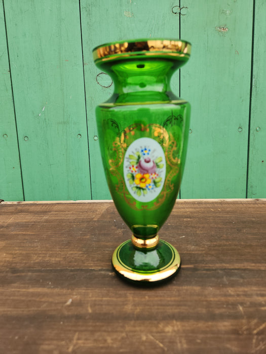 TALL BOHEMIAN GLASS GREEN FLORAL VASE WITH ENAMELED FLOWERS