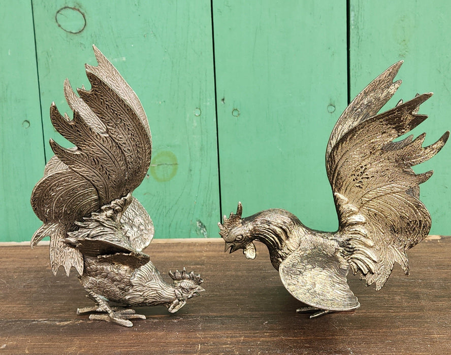 PAIR OF METAL SILVER FINISH ROOSTERS