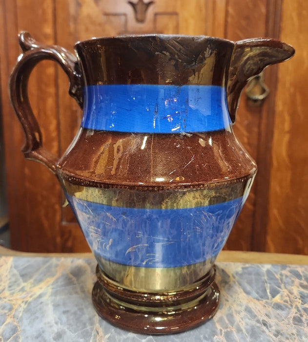 LARGE COPPER LUSTER PITCHER WITH BLUE BANDS AS FOUND