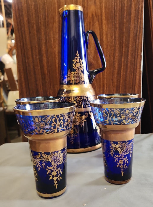 BLUE AND GOLD BOHEMIAN DECANTER SET