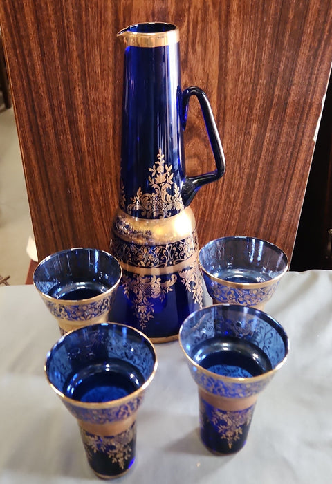 BLUE AND GOLD BOHEMIAN DECANTER SET