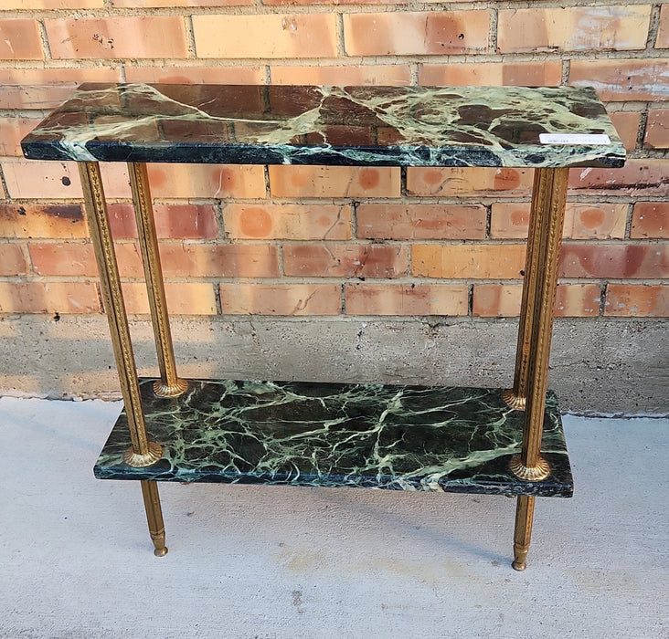 BRASS AND GREEN MARBLE TOP TWO TIER STAND