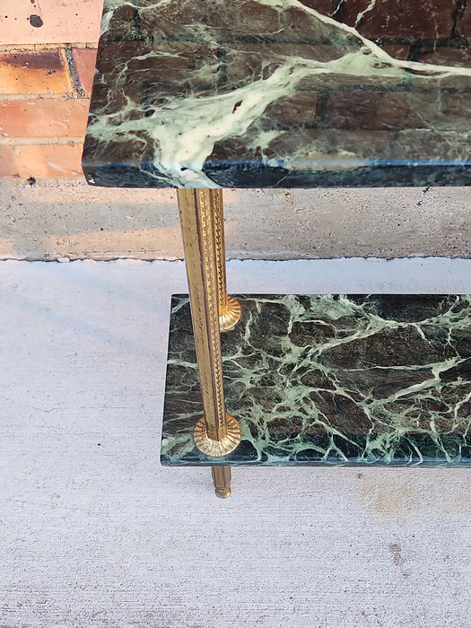 BRASS AND GREEN MARBLE TOP TWO TIER STAND