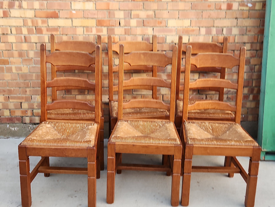 SET OF 6 OAK RUSH LADDER BACK CHAIRS