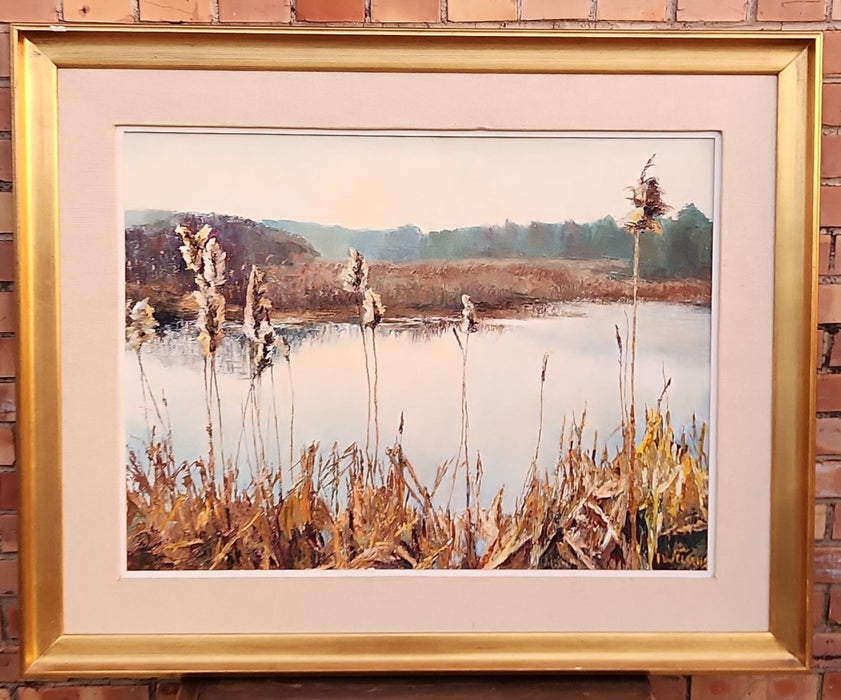 MARSHY LAKE OIL PAINTING ON CANVAS GOLD FRAMEQ