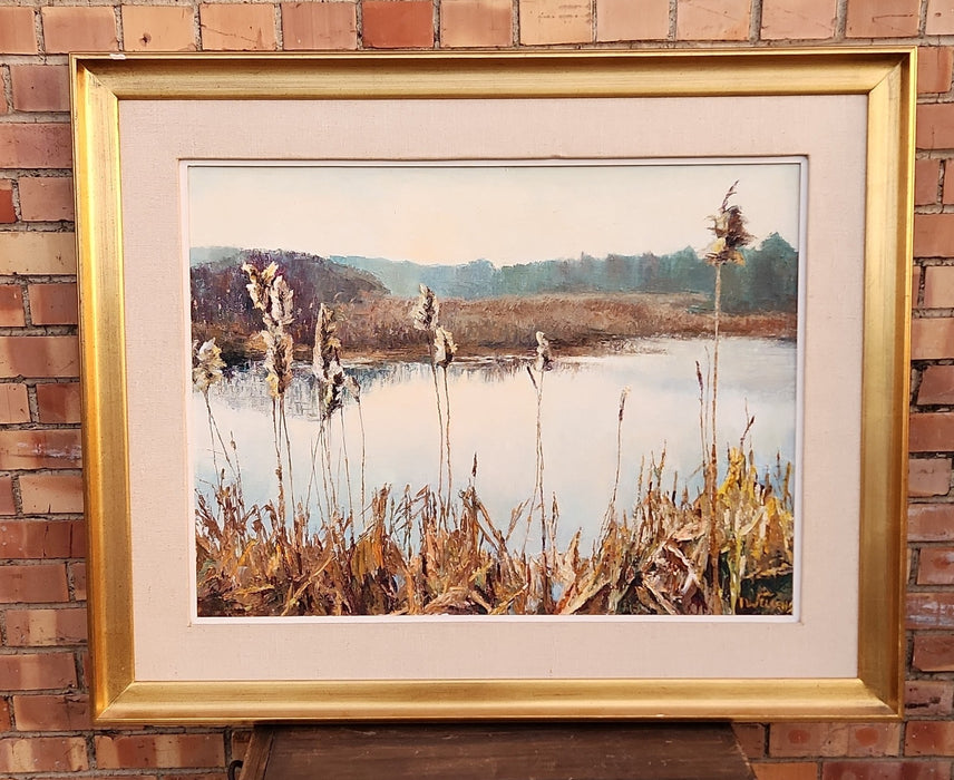 MARSHY LAKE OIL PAINTING ON CANVAS GOLD FRAMEQ