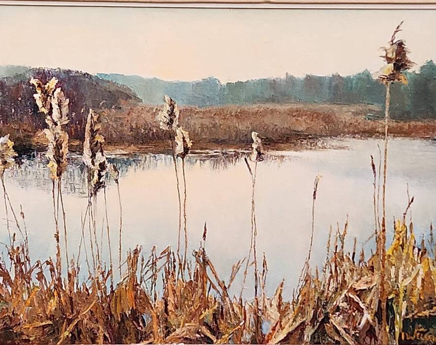 MARSHY LAKE OIL PAINTING ON CANVAS GOLD FRAMEQ