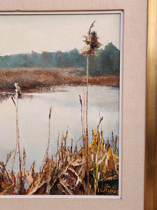 MARSHY LAKE OIL PAINTING ON CANVAS GOLD FRAMEQ