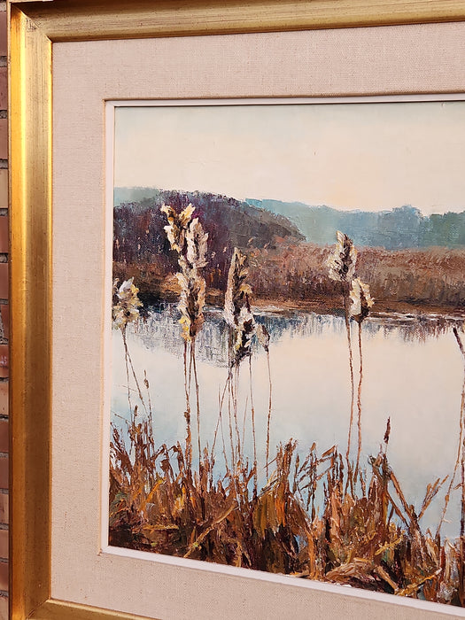 MARSHY LAKE OIL PAINTING ON CANVAS GOLD FRAMEQ