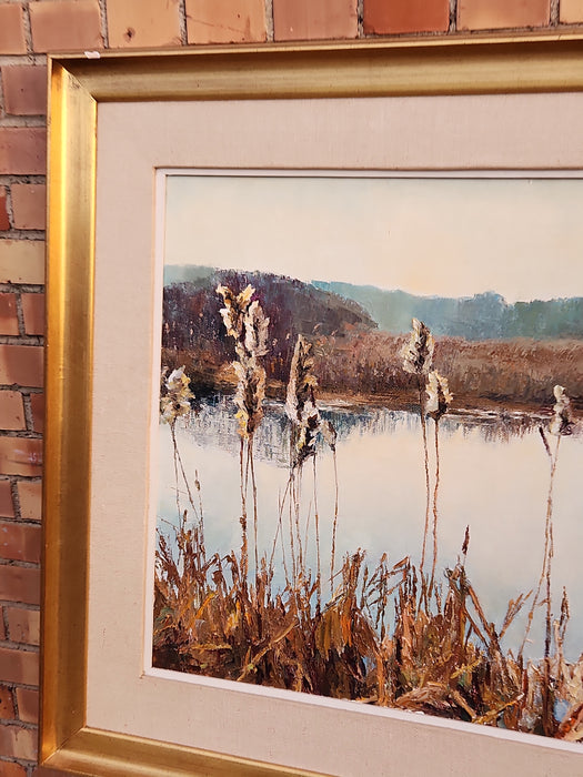 MARSHY LAKE OIL PAINTING ON CANVAS GOLD FRAMEQ