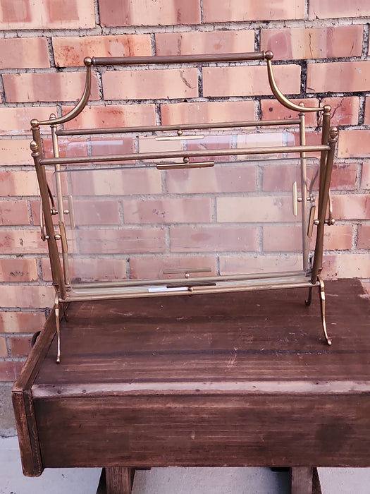 BRASS AND GLASS CANTERBURY MAGAZINE RACK