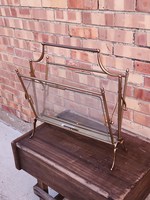 BRASS AND GLASS CANTERBURY MAGAZINE RACK