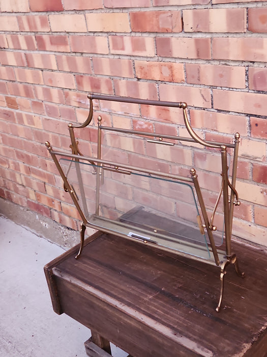 BRASS AND GLASS CANTERBURY MAGAZINE RACK