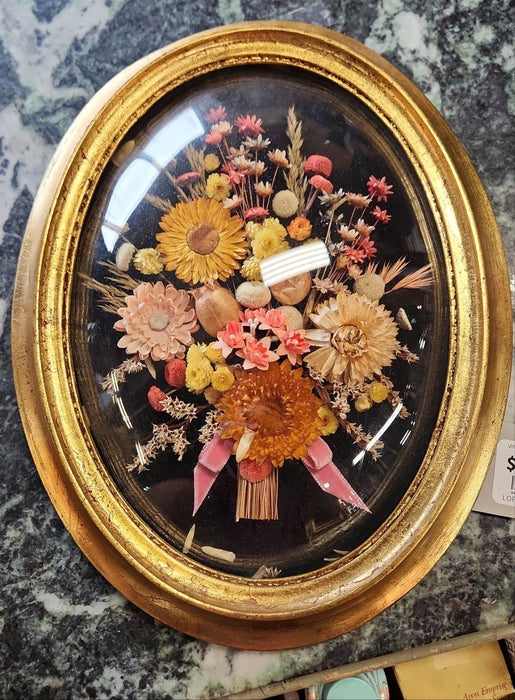 VINTAGE DRIED FLOWERS IN GILT FRAME WITH CONVEX GLASS