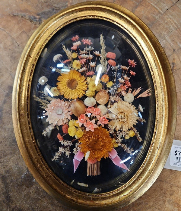 VINTAGE DRIED FLOWERS IN GILT FRAME WITH CONVEX GLASS