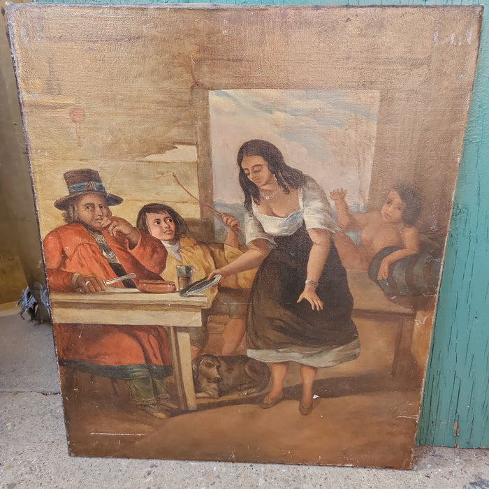 UNFRAMED BARMAID IN TAVERN OIL PAINTING ON CANVAS-RESTORED