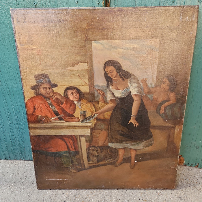 UNFRAMED BARMAID IN TAVERN OIL PAINTING ON CANVAS-RESTORED