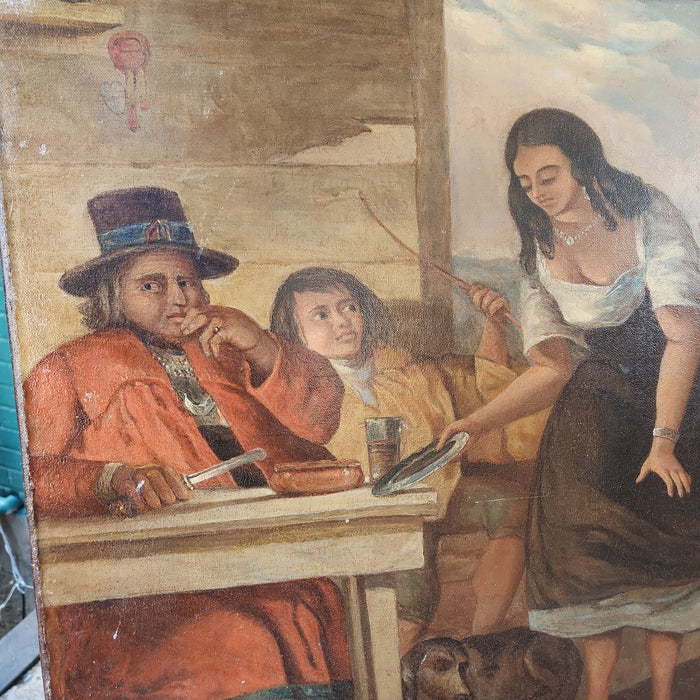 UNFRAMED BARMAID IN TAVERN OIL PAINTING ON CANVAS-RESTORED