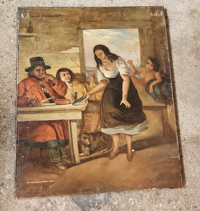 UNFRAMED BARMAID IN TAVERN OIL PAINTING ON CANVAS-RESTORED