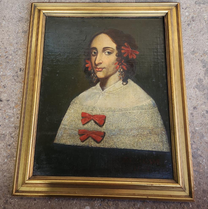 LARGE GOLD FRAMED 17TH CENTURY OIL PAINTING OF A LADY WITH RIBBONS AND LACE