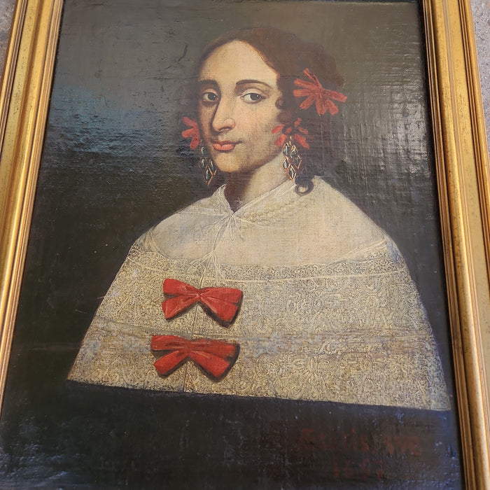 LARGE GOLD FRAMED 17TH CENTURY OIL PAINTING OF A LADY WITH RIBBONS AND LACE