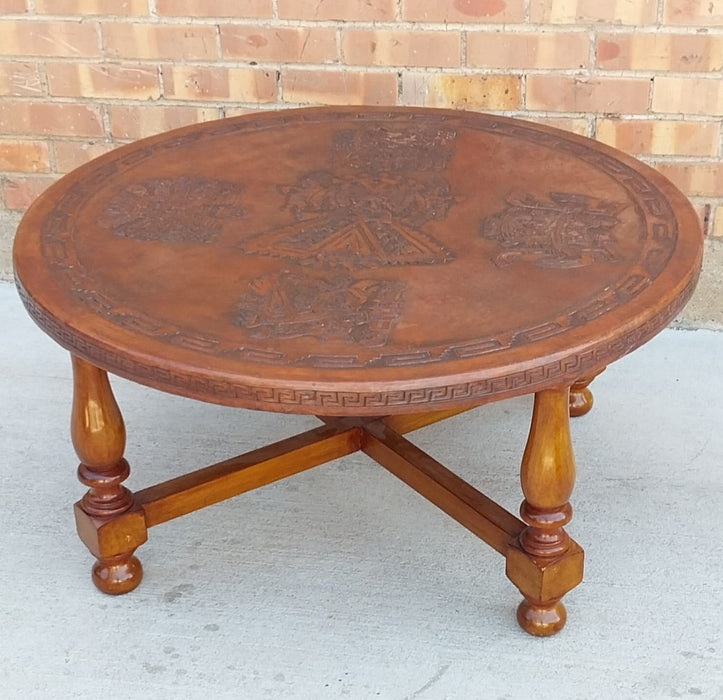 ROUND COFFEE TABLE WITH EMBOSSED LEATHER TOP