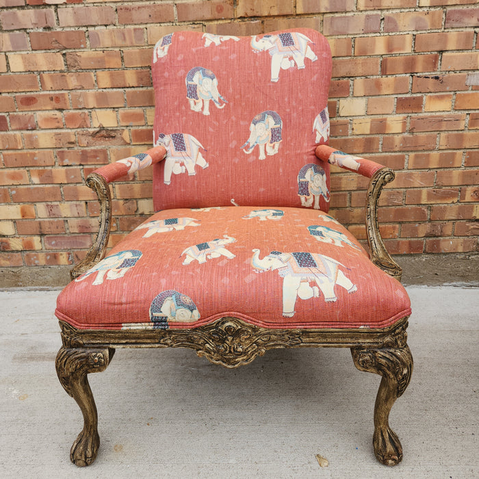 CHIPPENDALE ARM CHAIR WITH ELEPHANT UPHOLSTERY