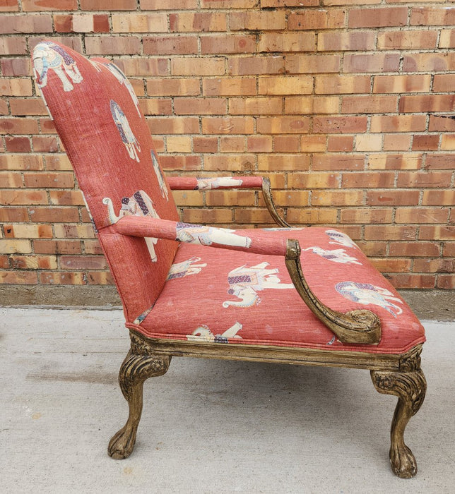 CHIPPENDALE ARM CHAIR WITH ELEPHANT UPHOLSTERY