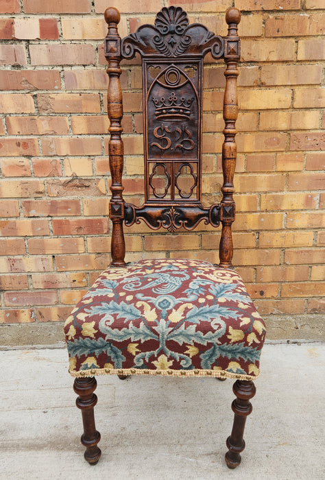 OAK SIDE CHAIR WITH CARVED CROWN AND TAPESTRY SEAT