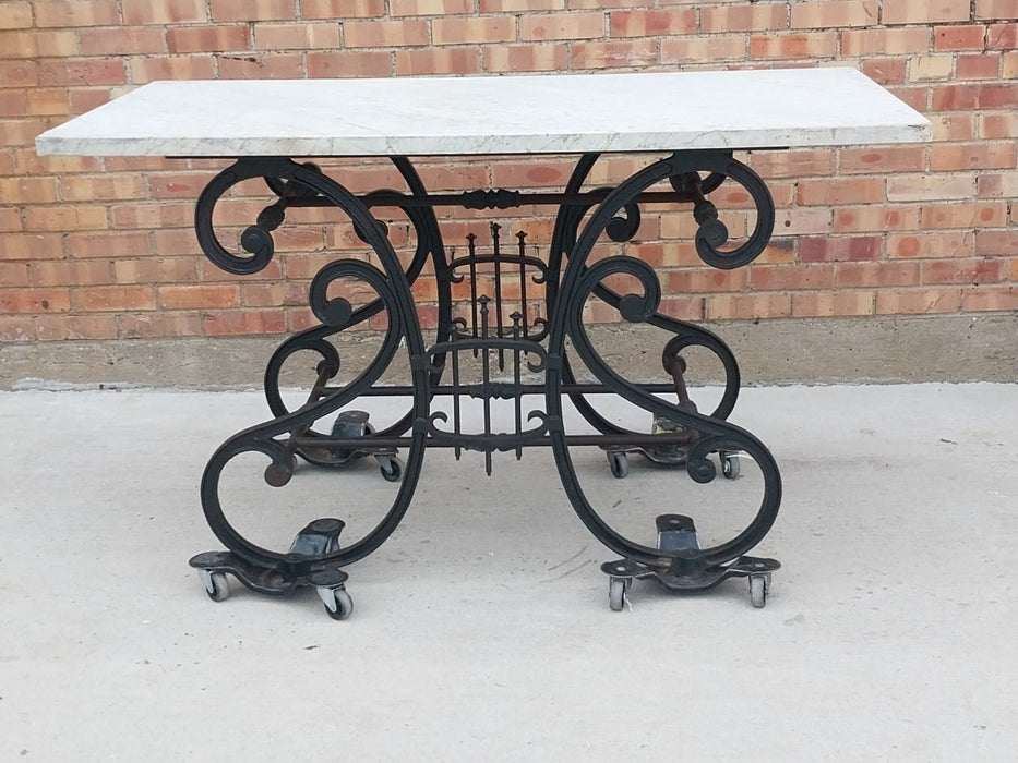 FRENCH MARBLE TOP IRON BASE PASTRY TABLE