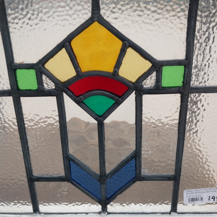 SMALL MULTI COLOR STAINED GLASS WINDOW WITH BLUE ARROW