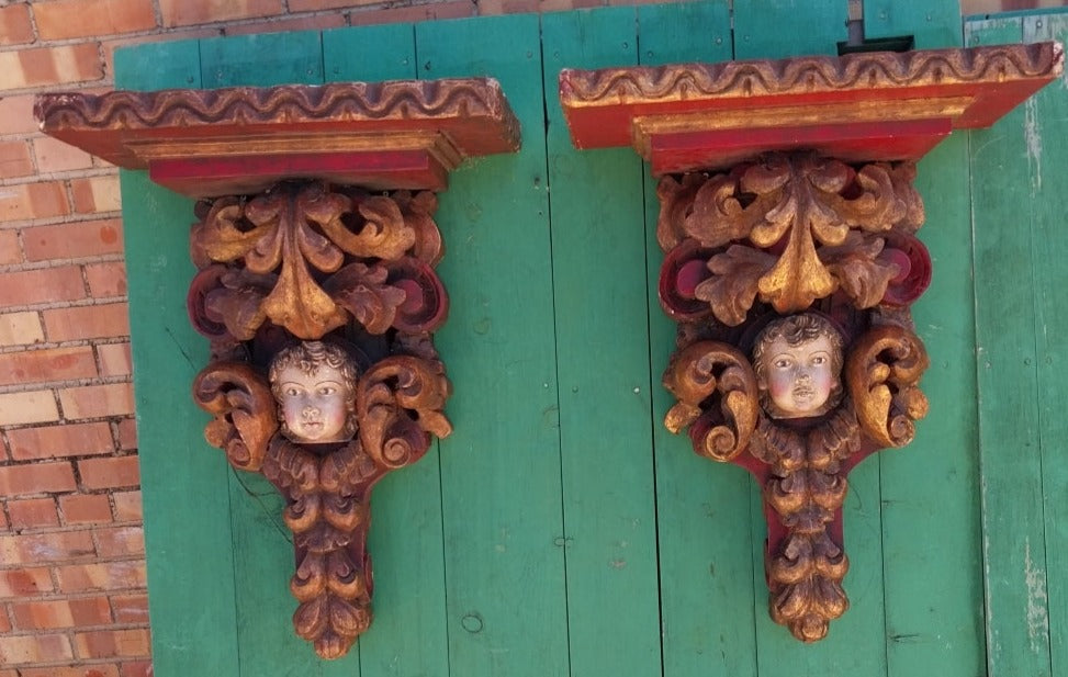EARLY PAIR OF TALL POLYCHROME CARVED WOOD CHERUB WALL SCONCES