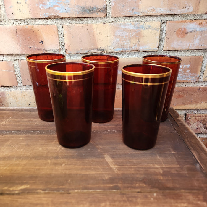 SET OF 5 RUBY RED GLASSES WITH GOLD RIMS