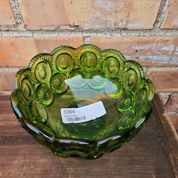 PRESSED GREEN GLASS FOOTED BOWL