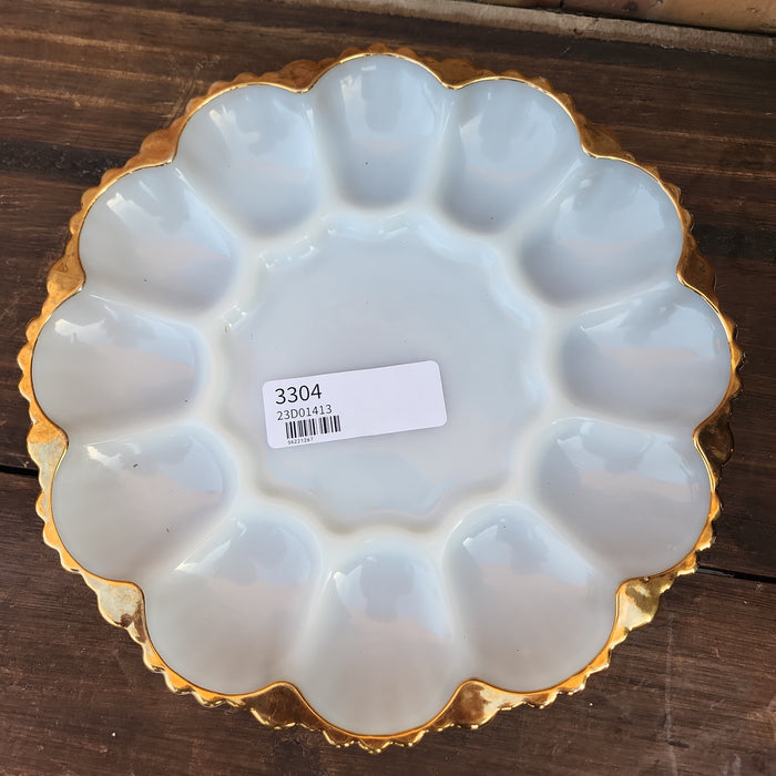 MILK GLASS EGG PLATE WITH GOLD RIM