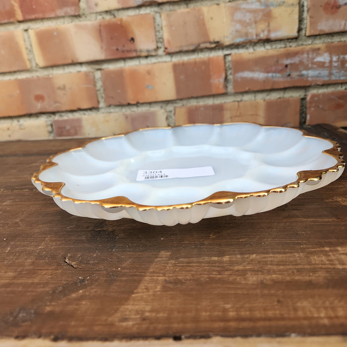 MILK GLASS EGG PLATE WITH GOLD RIM