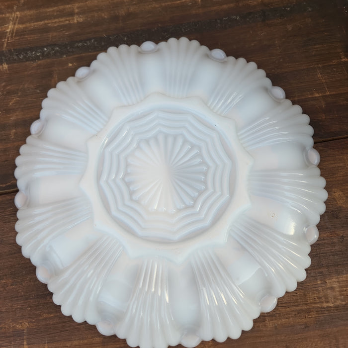 MILK GLASS EGG PLATE WITH GOLD RIM