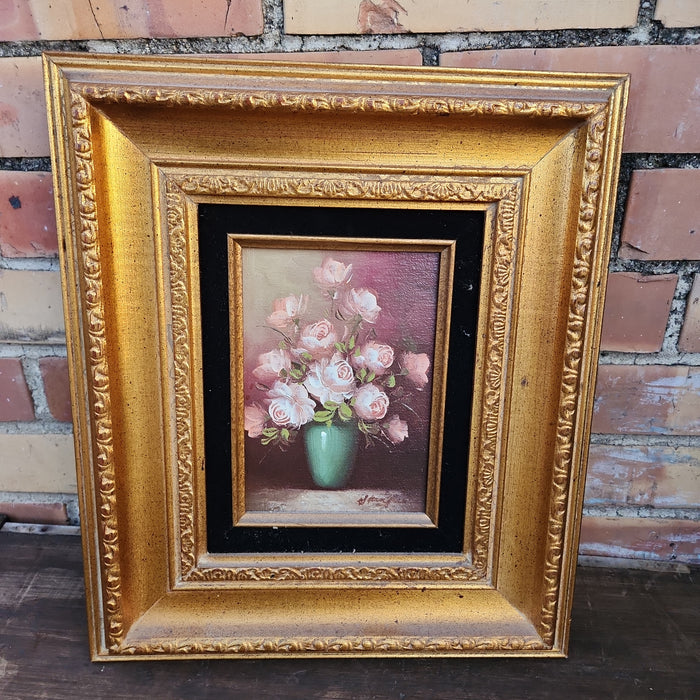 SMALL FRAMED STILL LIFE OIL PAINTING OF PINK ROSES IN VASE