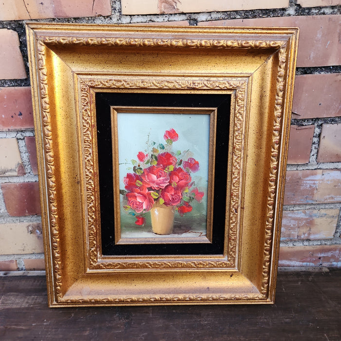 SMALL FRAMED STILL LIFE OIL PAINTING OF RED ROSES IN VASE